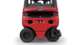 Dank der Kombi-Lenkachse lassen sich die beiden Hinterräder um fast neunzig Grad zur Fahrzeuglängsachse stellen. Kombi-Lenkachse des Elektrostaplers E30 von Linde Material Handling